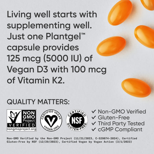 Vitamin D3 K2 With Coconut Oil  Plant Based Vitamin K2 MK7  Vegan D3 5000iu  Vegan Certified, Soy  Gluten Free - 60 Count Softgels
